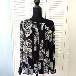 Ann Taylor Top Women's sz M Navy Grey Floral Chiffon Pleated Long Sleeved Blouse